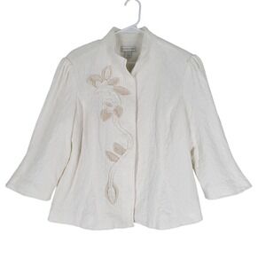 Christopher & Banks Jacket Blazer Womens Large Ivory Floral Applique Matelasse